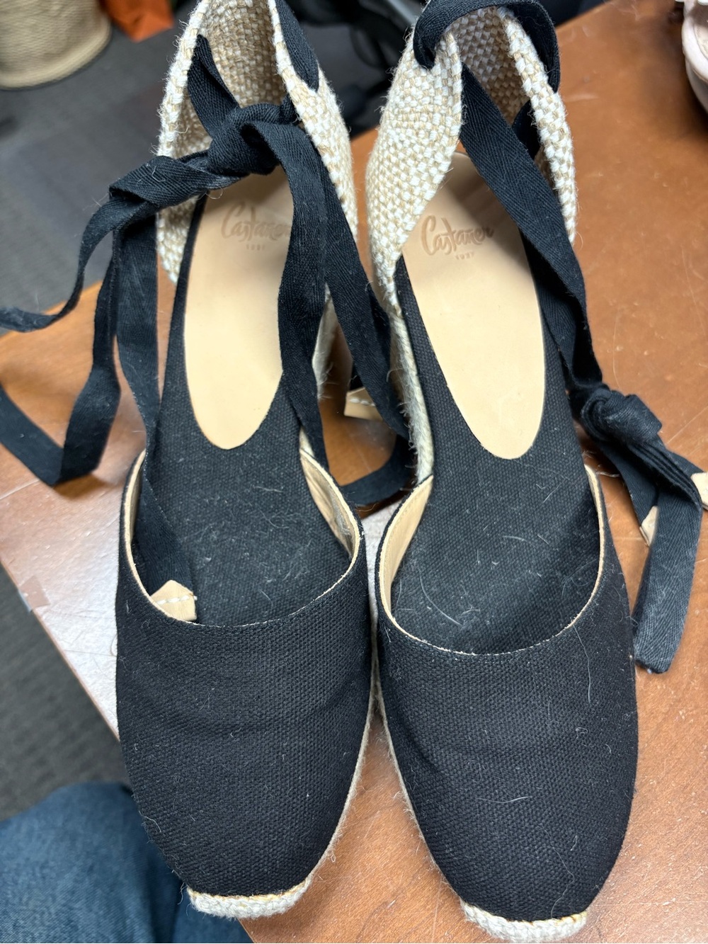 Castaner Black and Natural Espadrille Wedges with Ankle Wraps